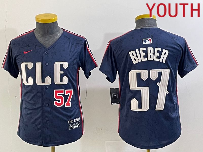 Youth Cleveland Indians 57 Bieber Blue City Edition Nike 2024 MLB Jersey style 2